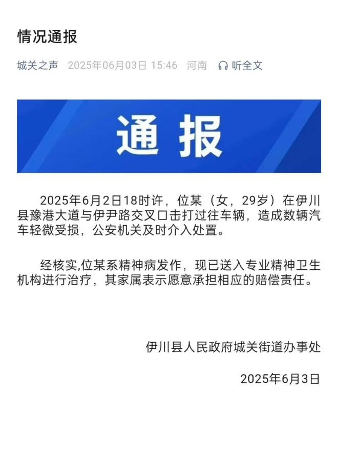 辆轿车通报：系精神病发作家属愿意承担赔偿麻将胡了2试玩模拟器女子持械当街打砸多(图2)